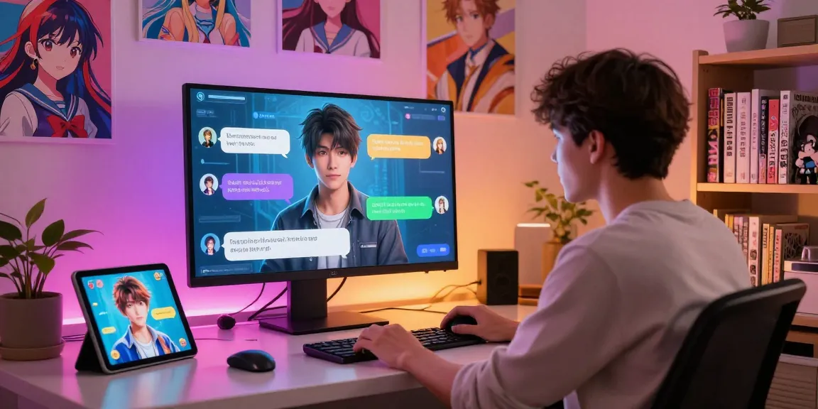 A user engaging with a lifelike hentai chat AI, showcasing colorful digital elements and a cozy home multimedia setup.