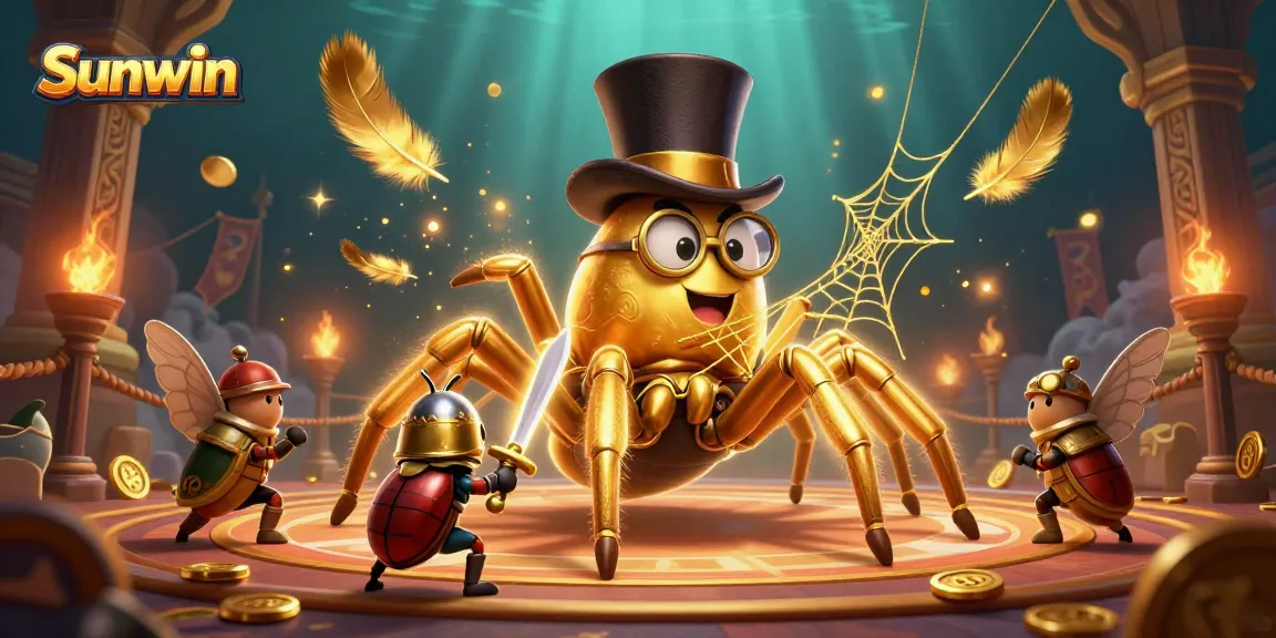 Experience Sunwin casino excitement with a golden tarantula and beetle knight in a rich, dynamic scene.