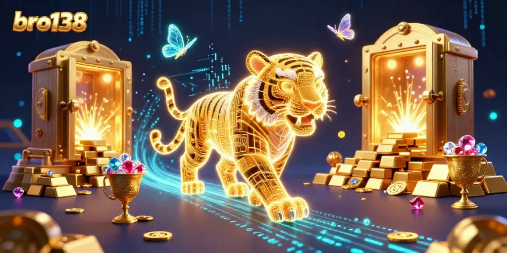 Experience thrilling gameplay at bro138 with a neon-light tiger in a vibrant casino scene.