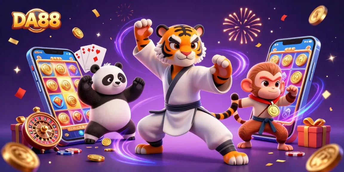 Join DA88's kung fu tiger master amidst a vibrant gambling celebration featuring dynamic slot games and festive energy.