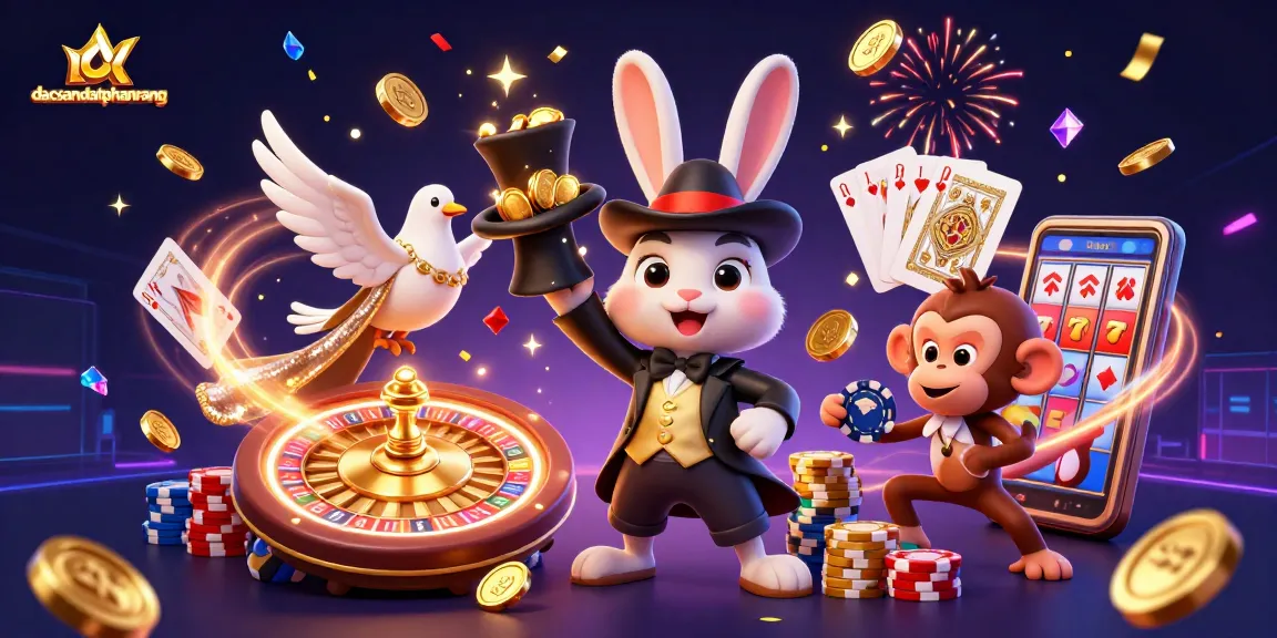 dacsandatphanrang showcases a dynamic casino scene with a magician rabbit, sparkling coins, and vivid game elements.