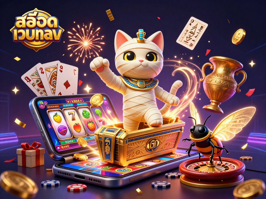 Spin big with สล็อตเว็บตรง in a vibrant casino scene featuring a mummy cat and golden scarab.