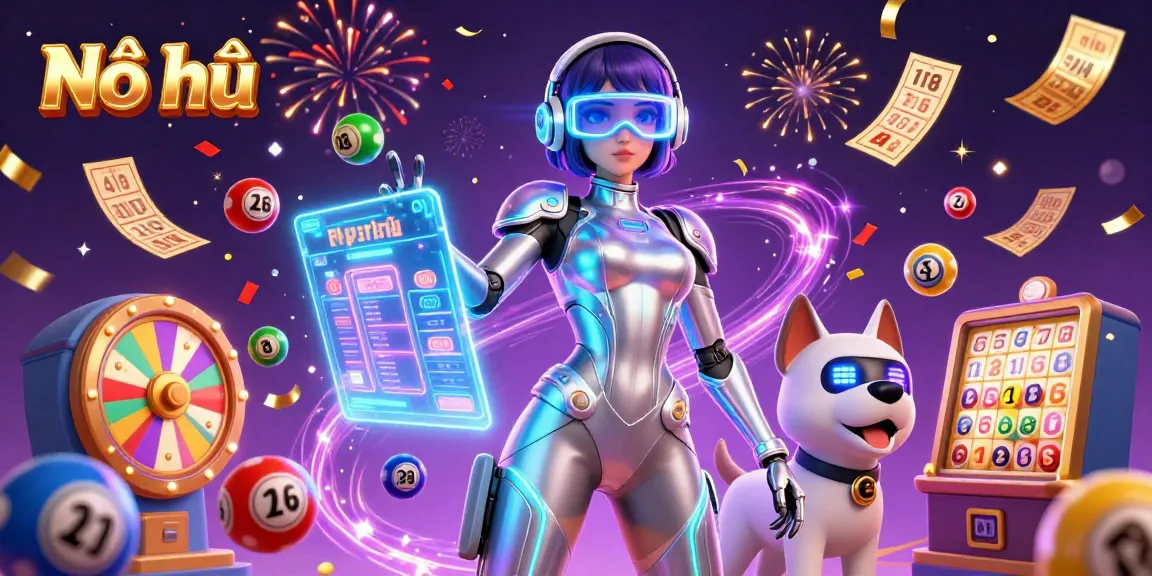 Nổ hũ jackpot experience featuring a dynamic 3D casino scene with lottery balls and prizes flying around.