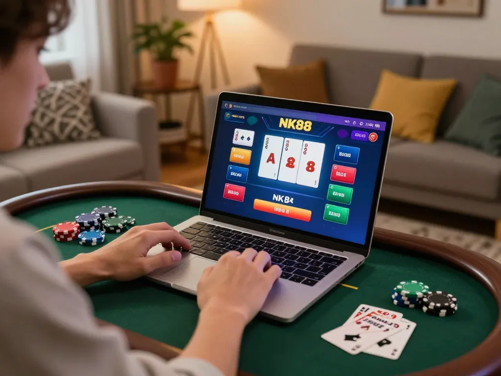 Engaging in an nk88 bet online casino session, highlighting interactive gaming experience on a laptop in a cozy home.