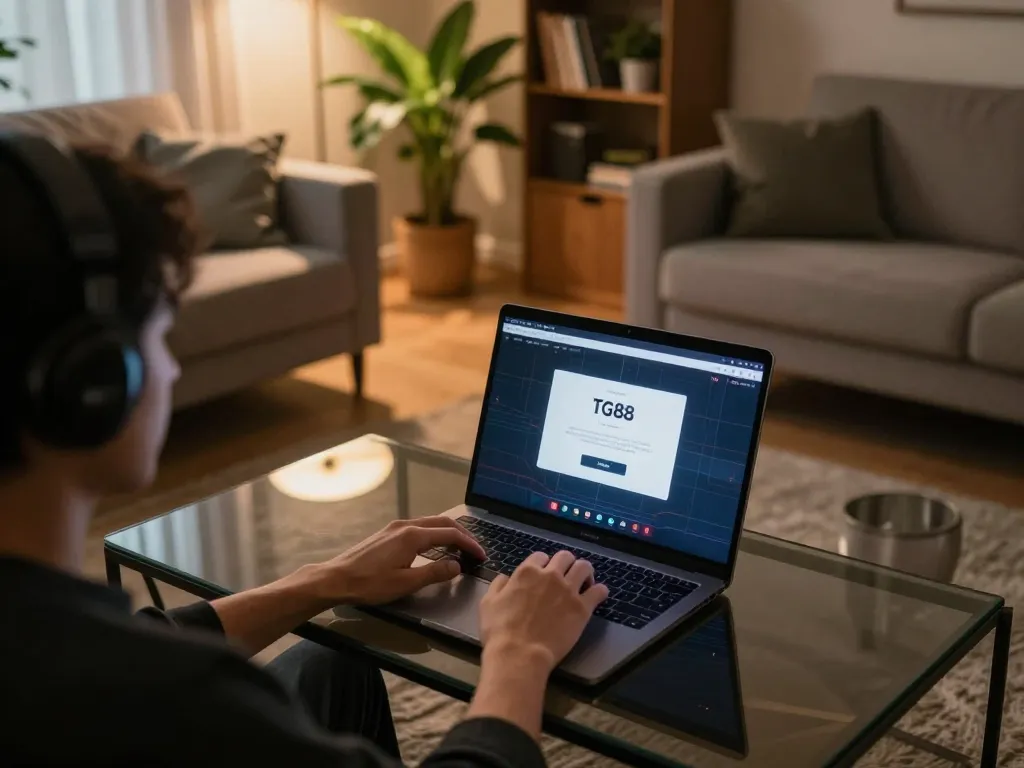 Playing online casino games with tg88 đăng nhập displayed on laptop in a warm home setting.