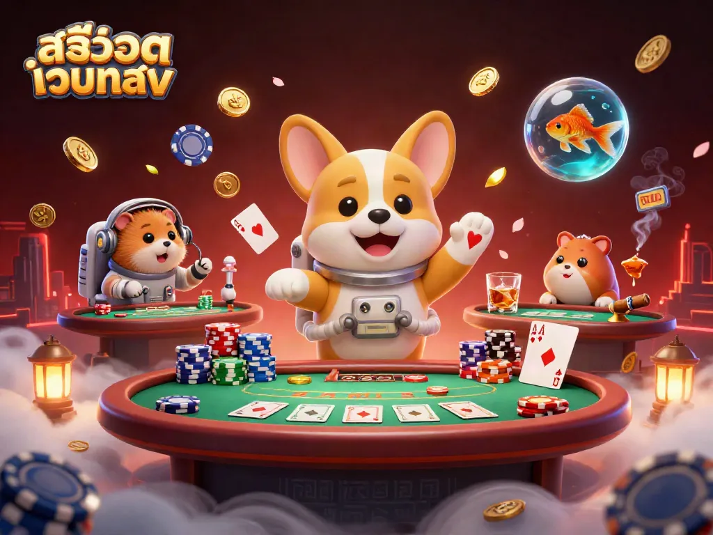 Experience the excitement of สล็อตเว็บตรง with a whimsical 3D scene featuring floating poker elements and delightful characters.