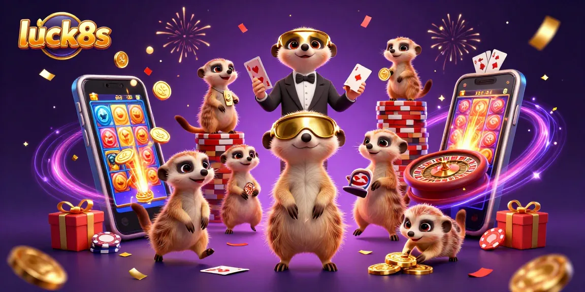 Luck8s features playful meerkats in a vibrant casino, managing games, sneaking chips, and celebrating wins!