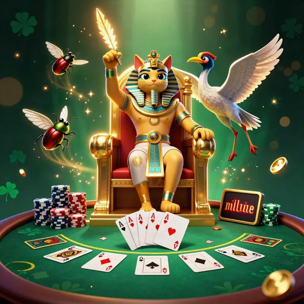 Pharaoh cat, ibis scribe and gem-winged scarabs amid poker chips, cards and emerald casino glow