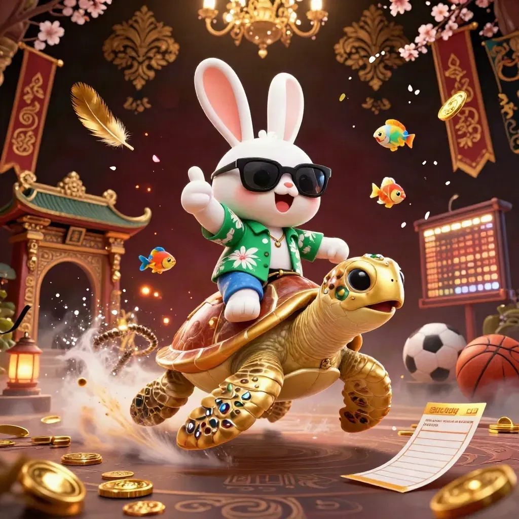 Lucky rabbit rides a jeweled sea turtle amid casino lights and gold effects