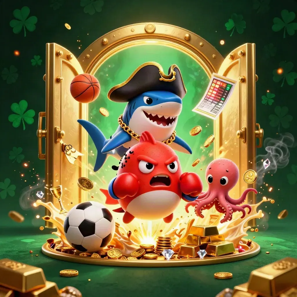 Shark captain, pufferfish, and octopus amid gold vault loot and glowing casino lights.