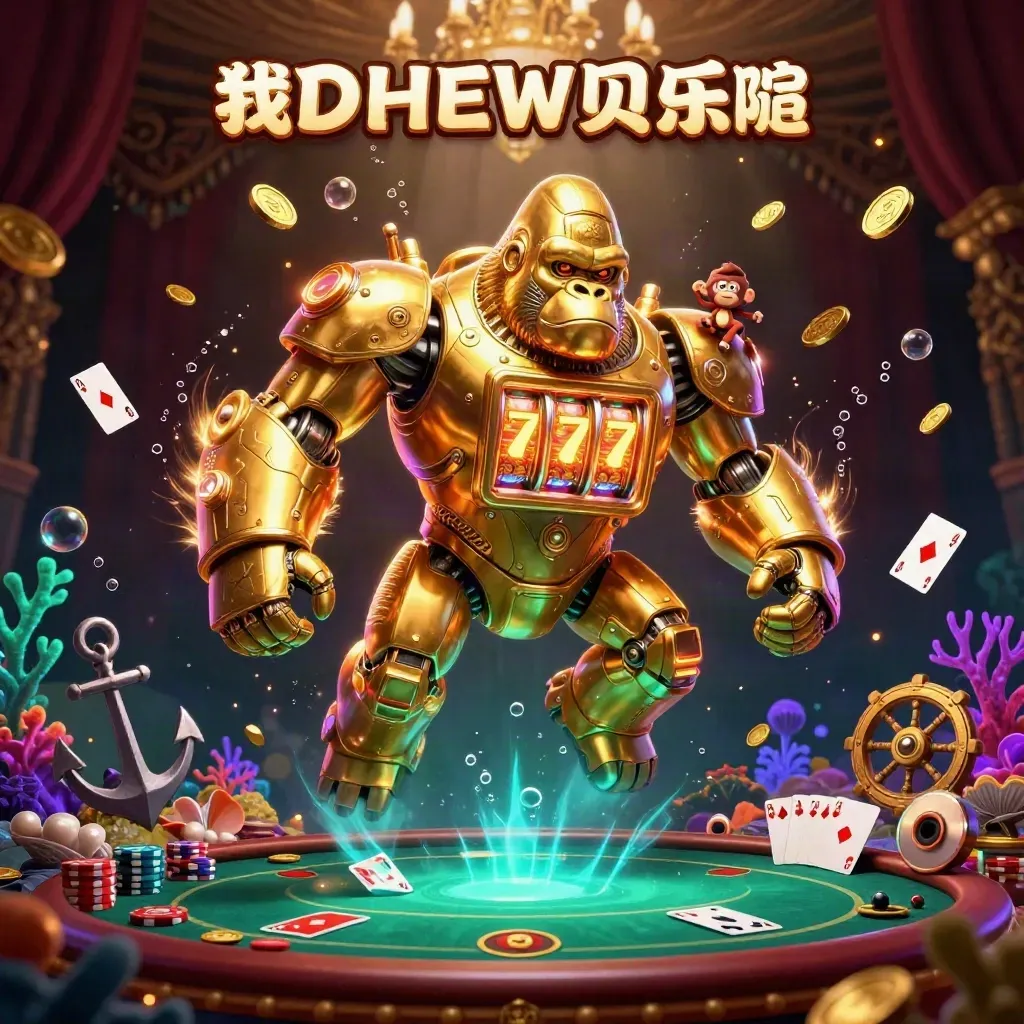 Golden gorilla slot mech with monkey pilot, treasure cove, cards, chips, and neon casino glow.