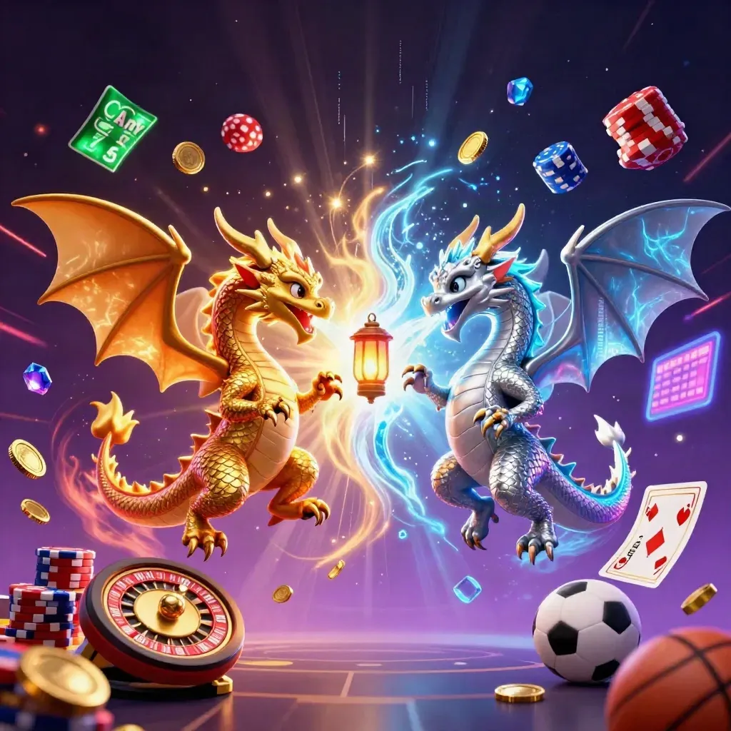 Twin dragons clash in fire and ice amid casino chips, coins, cards and neon energy.
