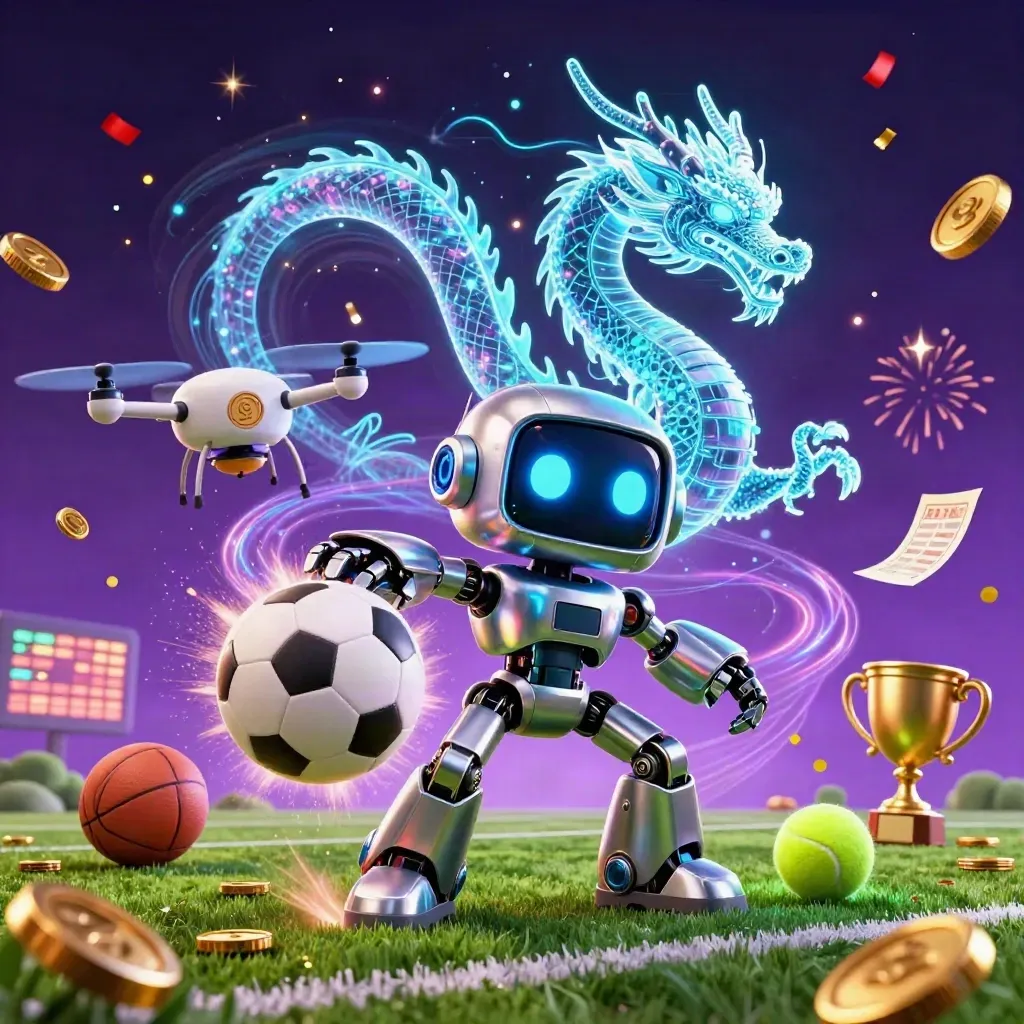 Robot mascot, holographic dragon and coin drone amid flying balls, coins and sparks on a neon soccer pitch
