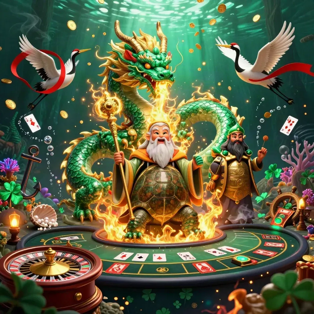 Emerald dragon, turtle sage, and ribbon cranes amid treasure cove casino magic.