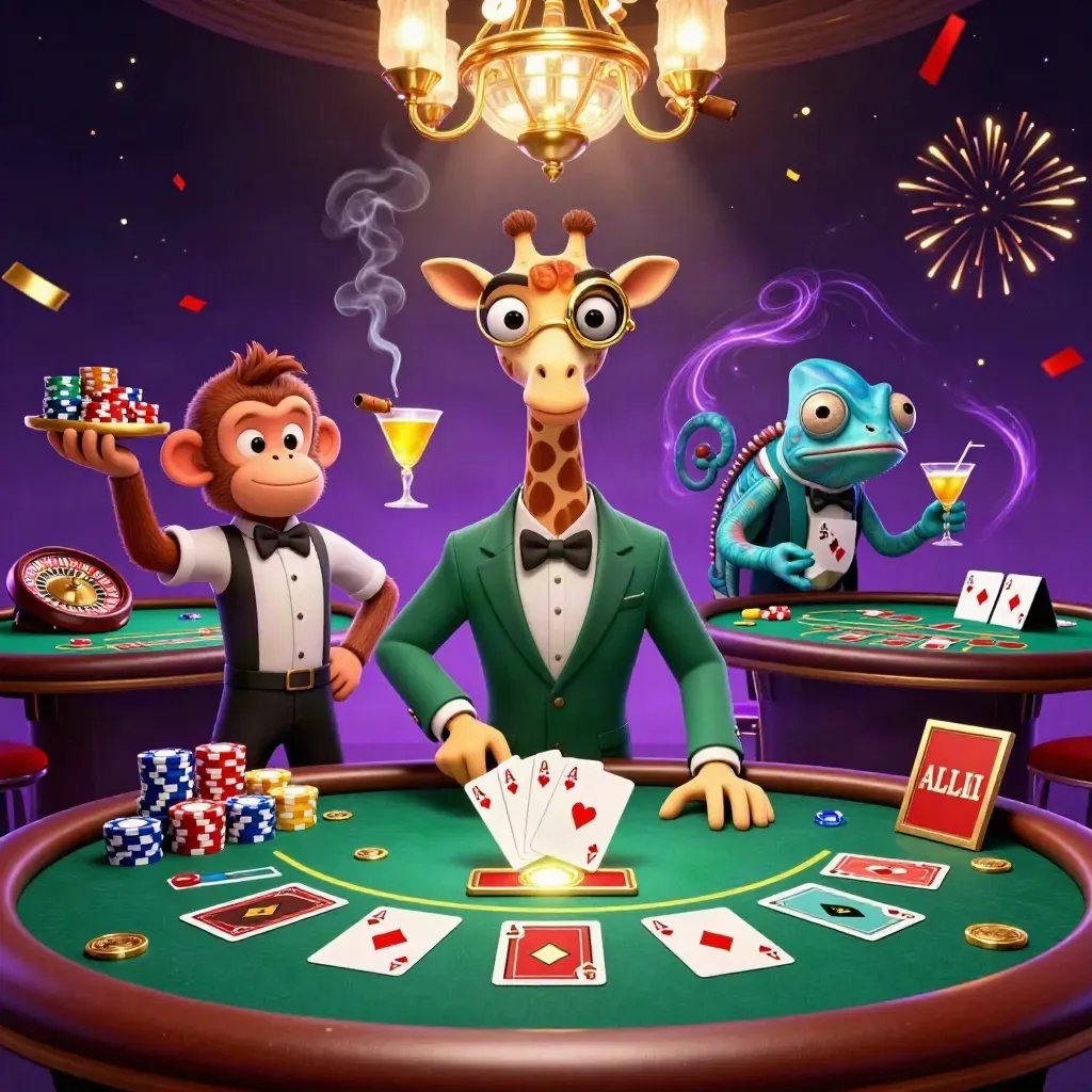High-roller giraffe, monkey valet, and chameleon bartender at a glowing casino table