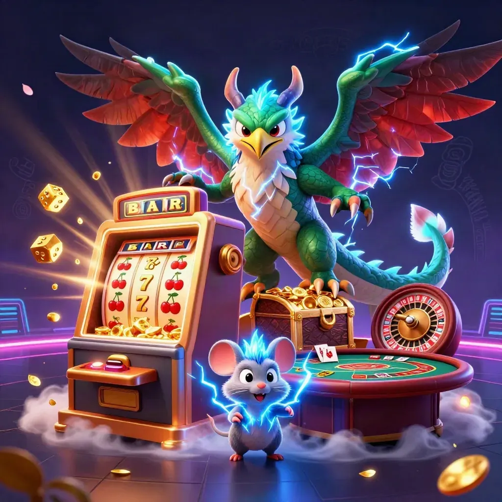 Thunder dragon, wind hawk, and static mouse in a luxe neon casino scene with gold, slots, and treasure