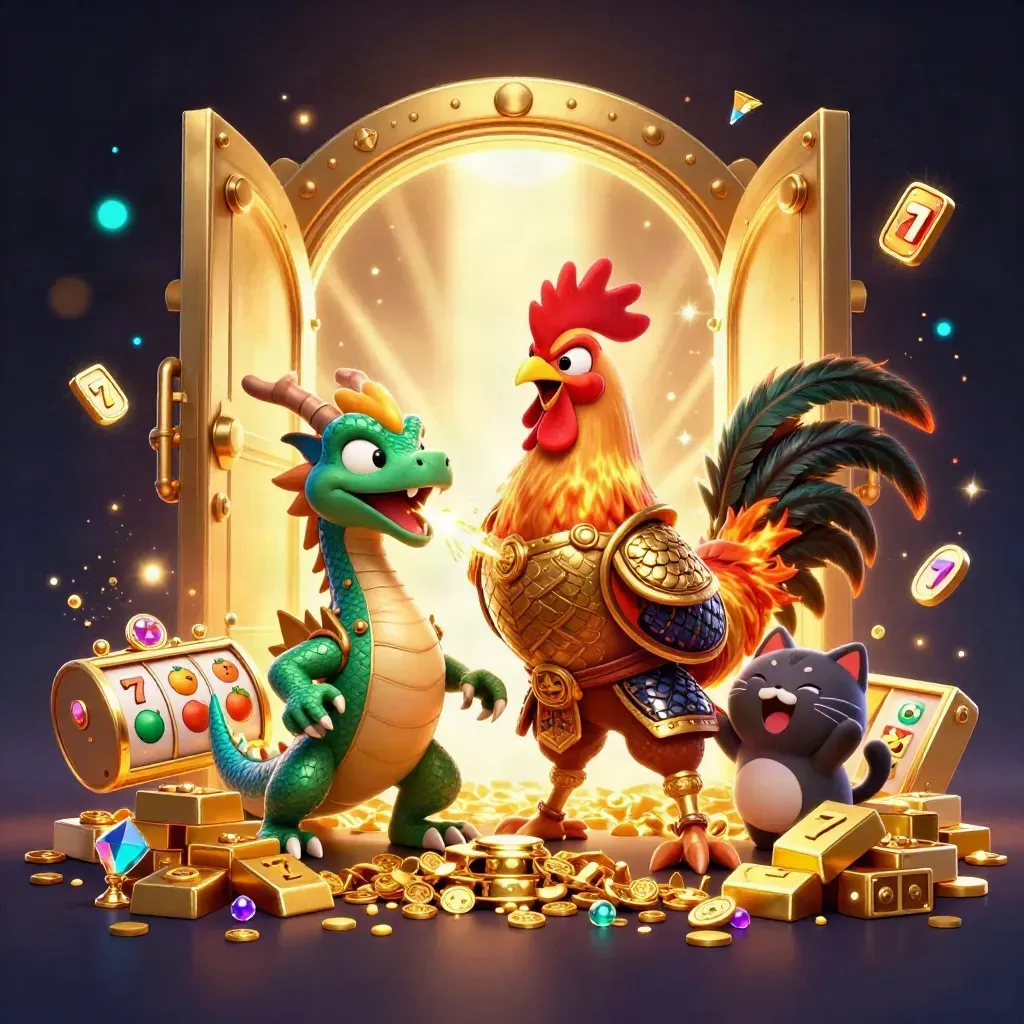 Rooster warrior, dragon hatchling, and fortune-cat burst from a golden vault with casino loot.