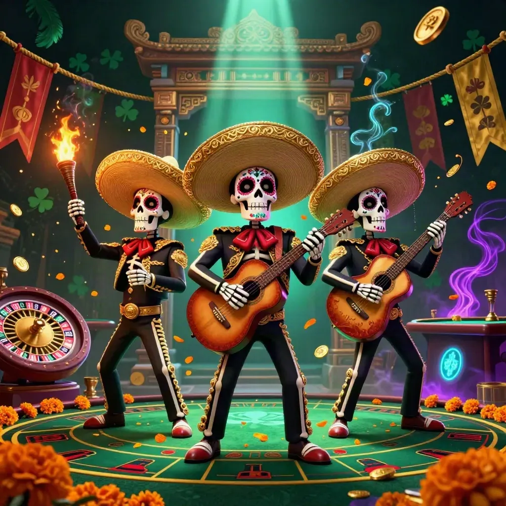 Skeleton mariachi trio in a luxe emerald casino scene with glowing relics and smoke.