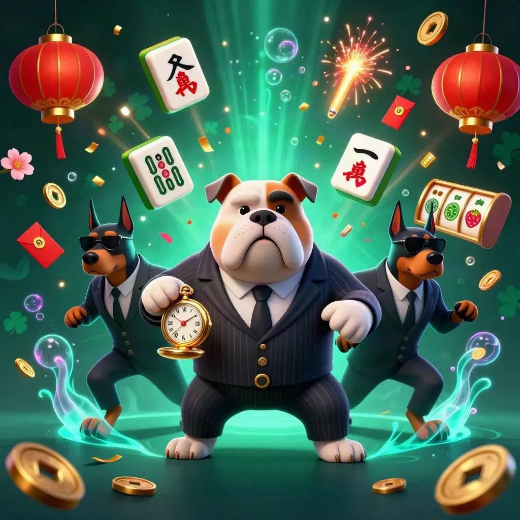 Bulldog boss and two Doberman guards burst through poker treasure, jade coins, lanterns, and casino glow.