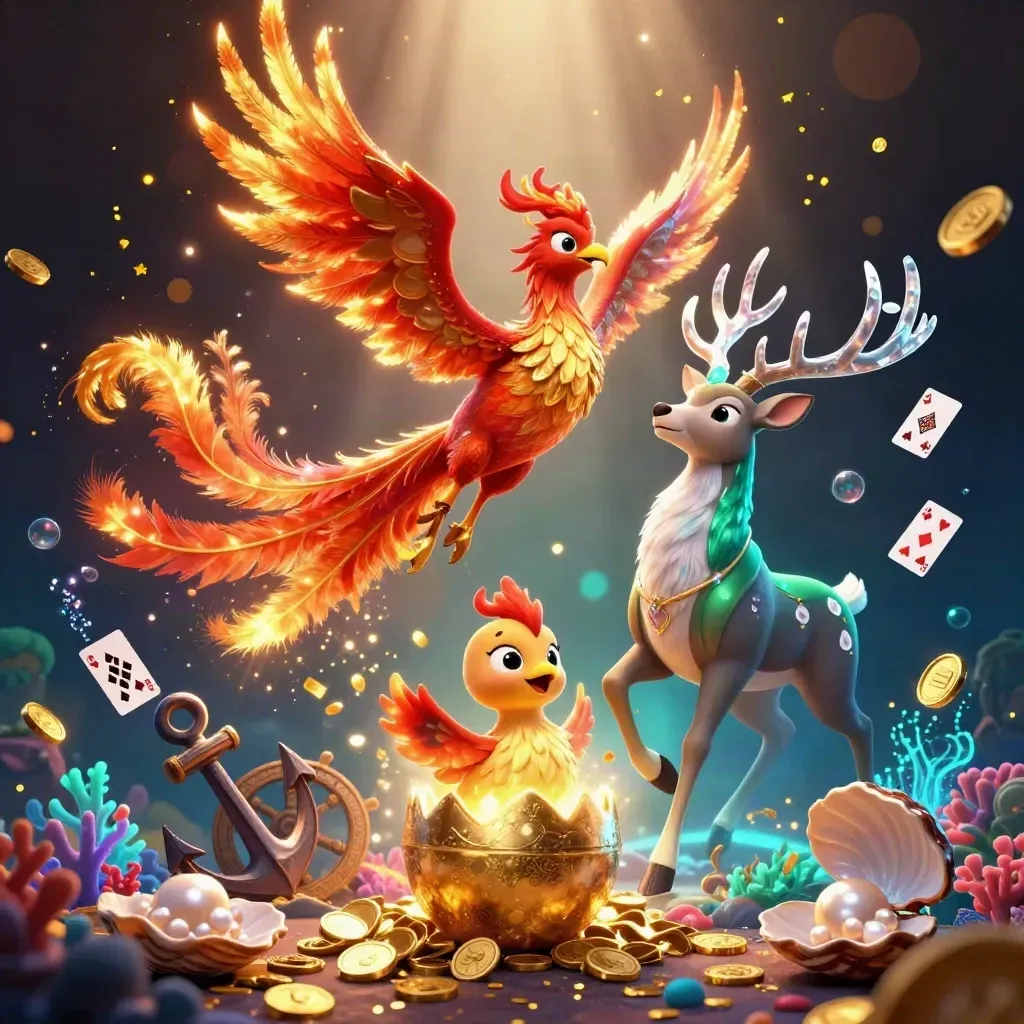Phoenix, baby phoenix, and crystal-antlered stag amid treasure, coins, coral, and glowing blue water.