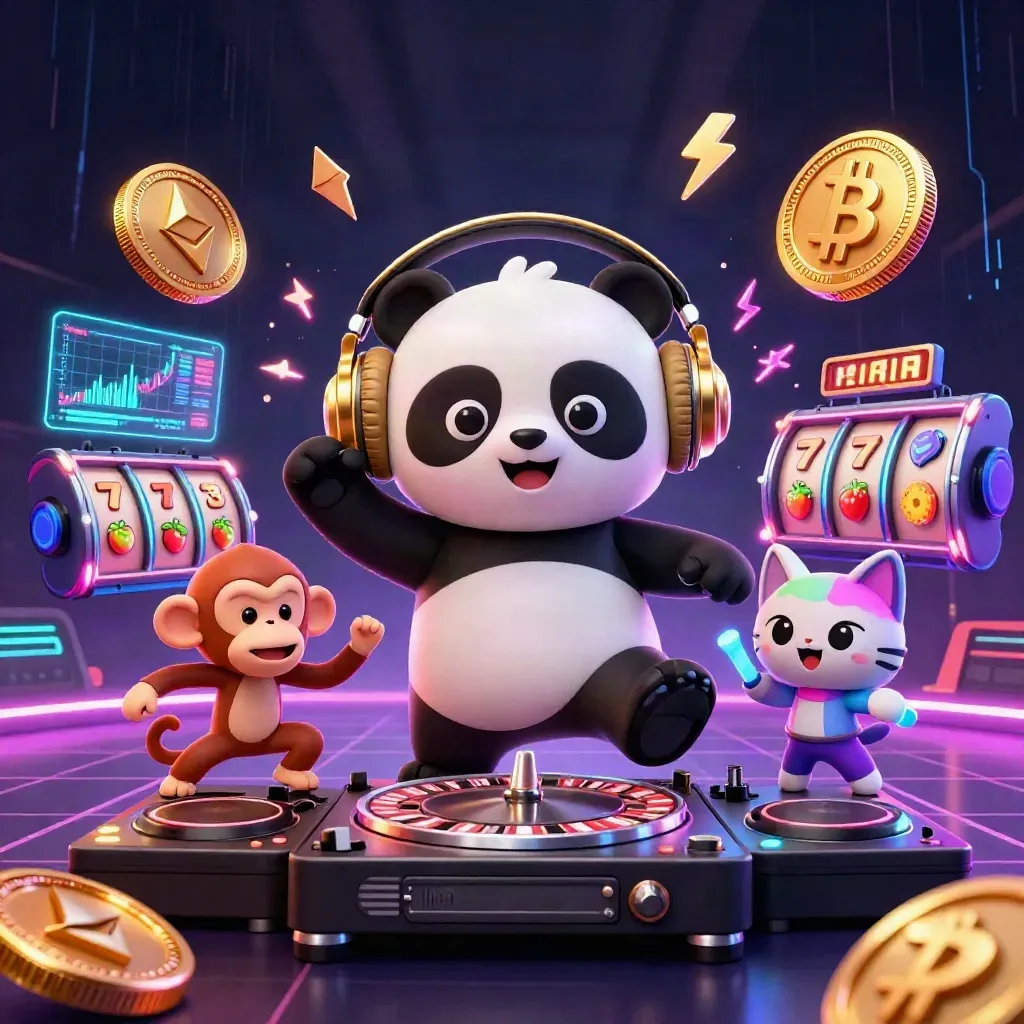 DJ panda, monkey, and glow kitten in a neon casino rave with coins, reels, and lightning.