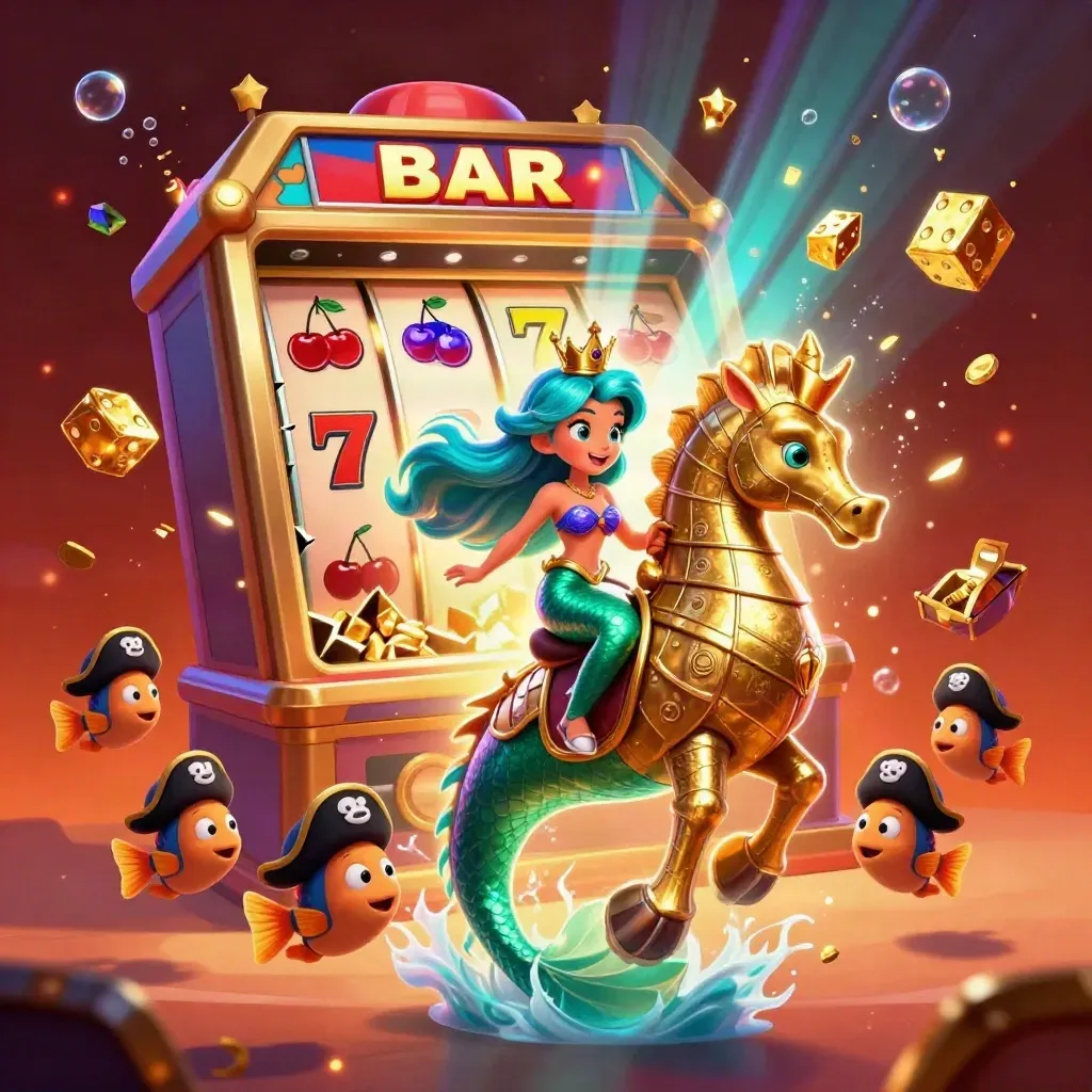 Mermaid princess on armored seahorse amid exploding slot symbols, gold, and neon underwater glow.