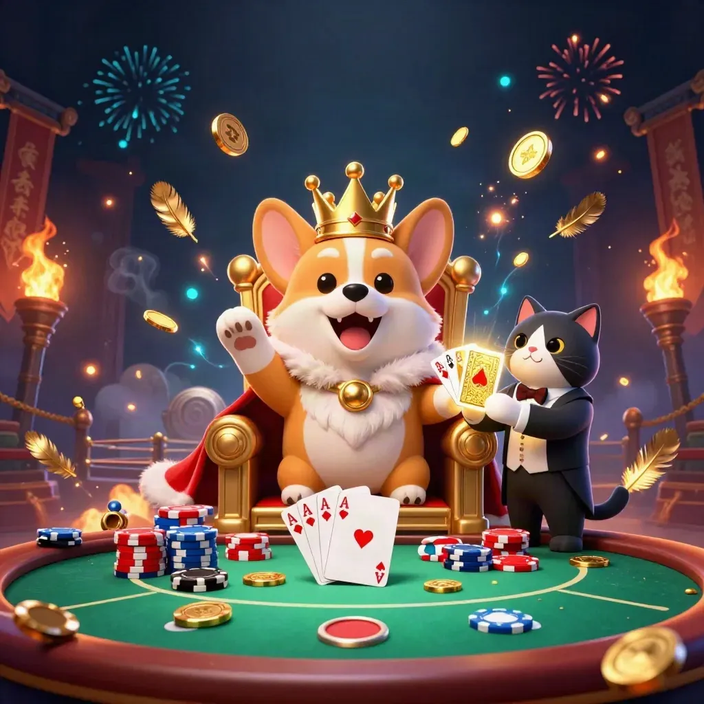 Royal corgi and cat butler amid chips, coins, fireworks, and a temple gate.