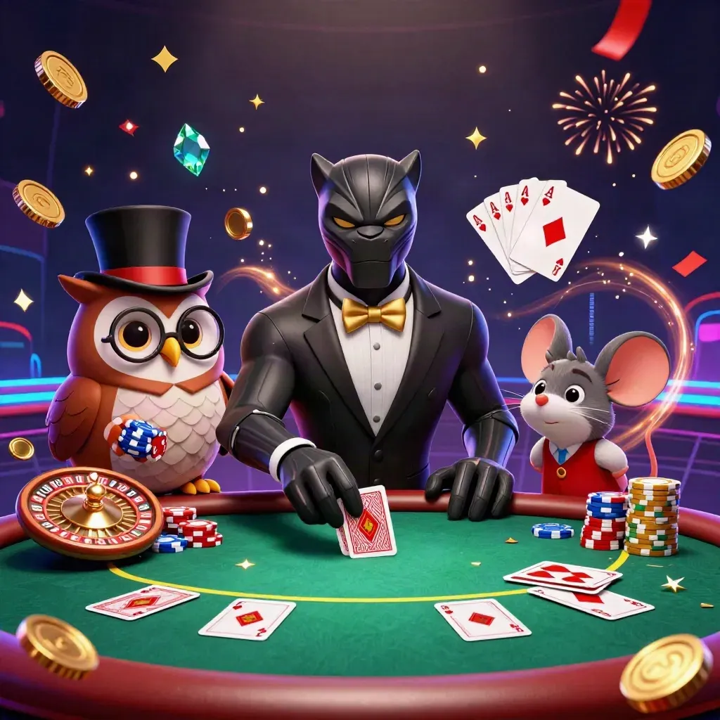 Panther, owl, and mouse amid coins, chips, cards, fireworks, and glowing casino effects.