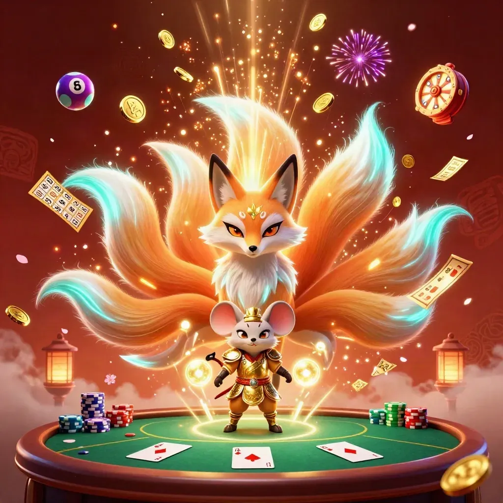 Nine-tailed fox spirit and armored mouse amid coins, lottery balls, poker chips, and fireworks.