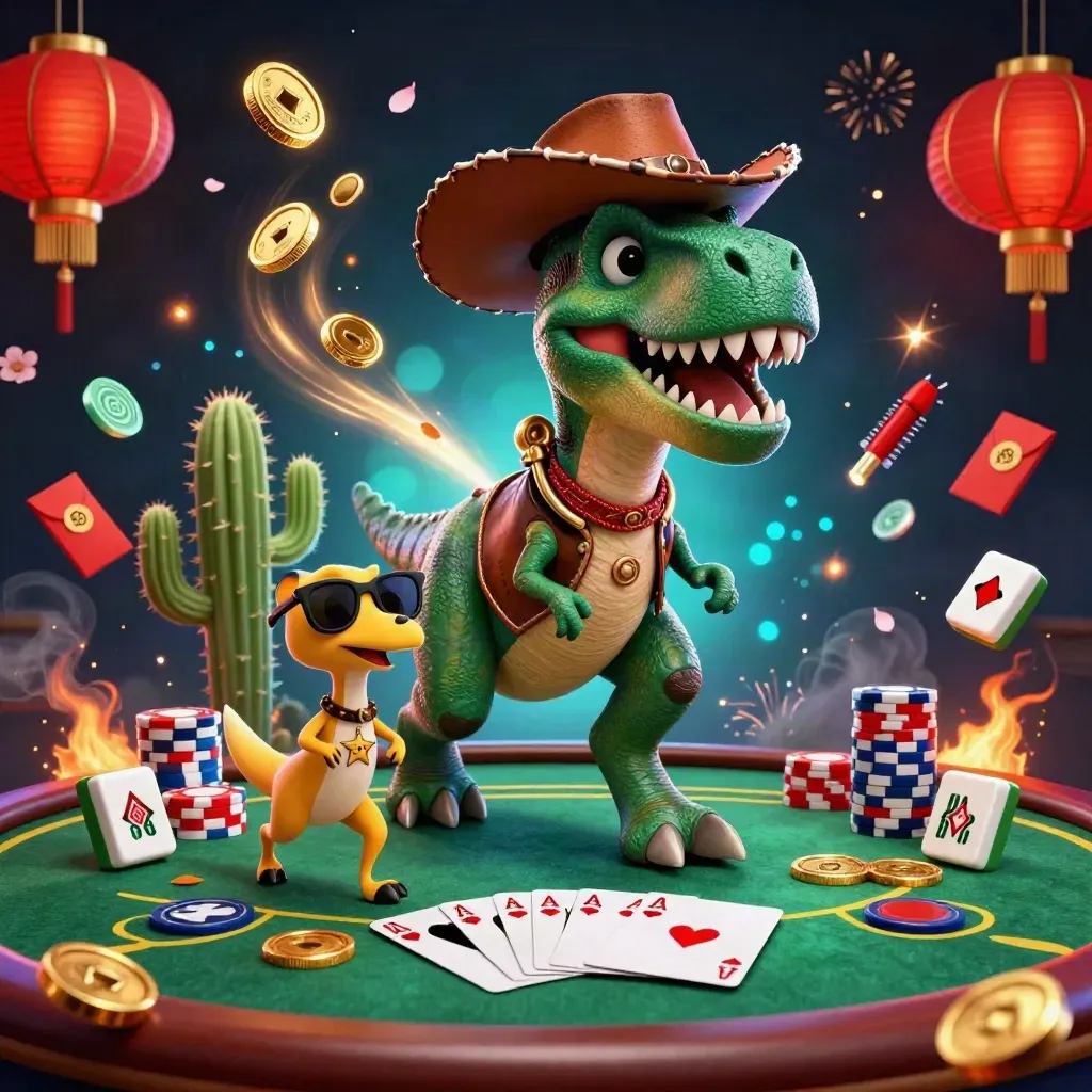 Cowboy T-Rex, cactus sidekick, and roadrunner amid poker loot, coins, and fireworks.