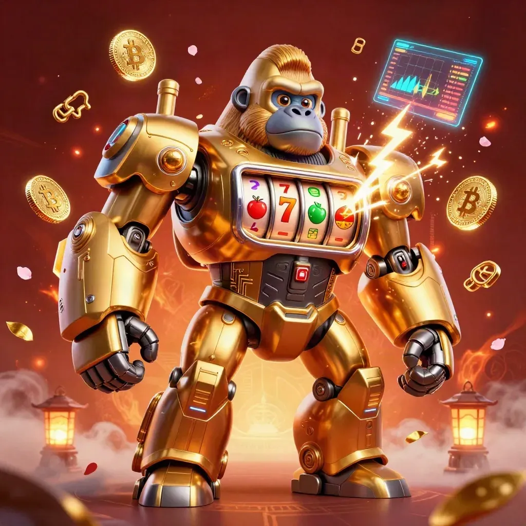Golden gorilla mech with monkey pilot, spinning reels, coins, lightning, and casino mystic effects