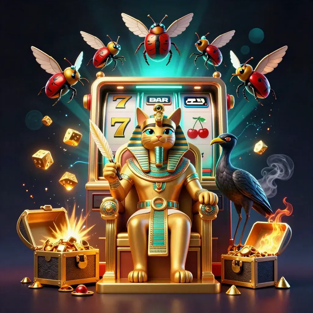 Pharaoh cat on throne with ibis scribe, scarabs, slot reels and gold bursts on dark casino backdrop