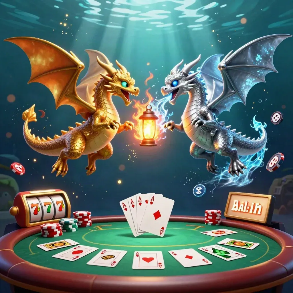 Gold and silver dragons coil with poker chips, cards, and glowing casino effects.