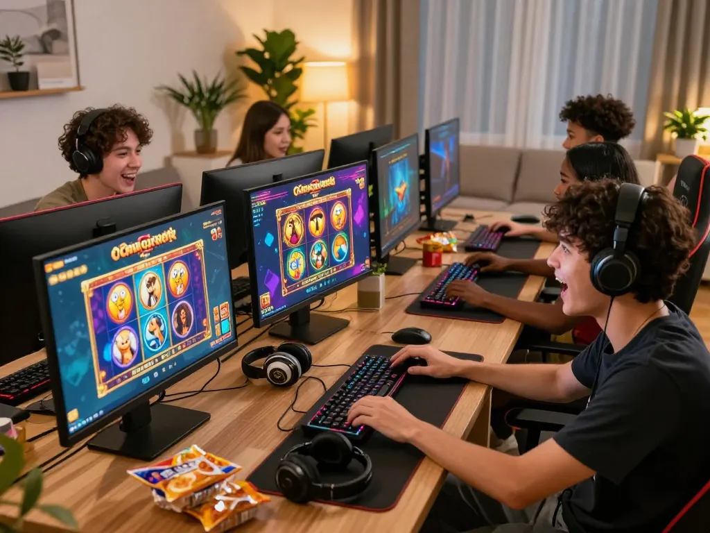 Excited friends celebrating a win while playing slot gacor games at home, showcasing vibrant gaming setup and joyful atmosphere
