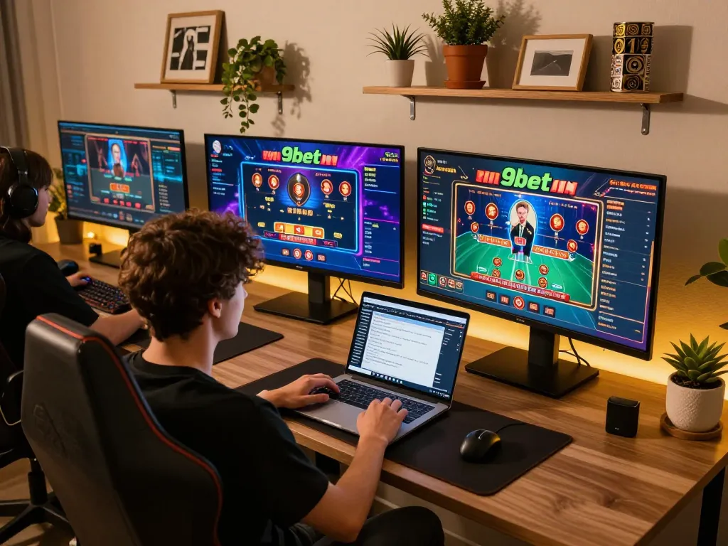 Player celebrating a win on 9bet during intense online gaming session at home
