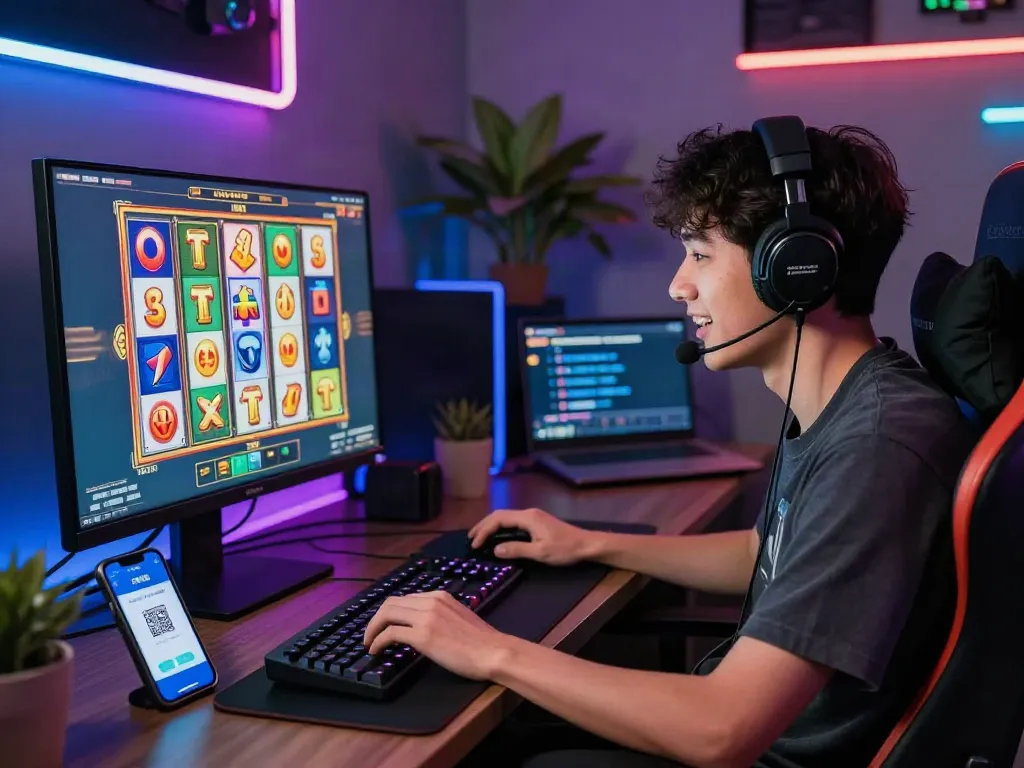 Player enjoying slot online gacor on a vibrant computer setup with QRIS payment integration.