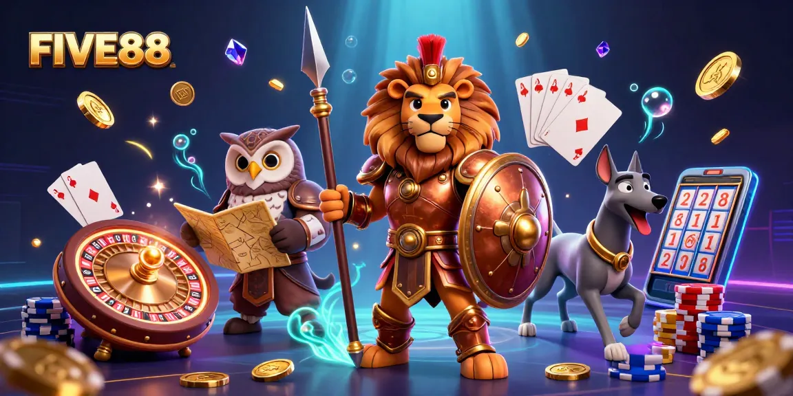 Experience unbeatable gameplay with FIVE88 in a dynamic casino scene filled with sparkling elements.