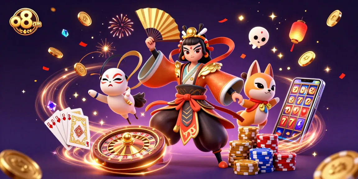 Engage with thrilling games at o8com, featuring vibrant gaming scenes and festive elements.