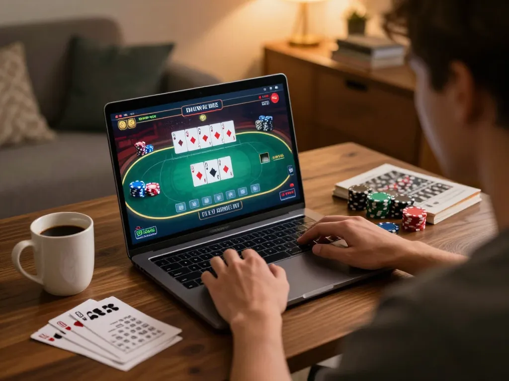 Experience ดูหนังใหม่ while enjoying poker gameplay in a cozy home setting, enhancing your gaming strategy.