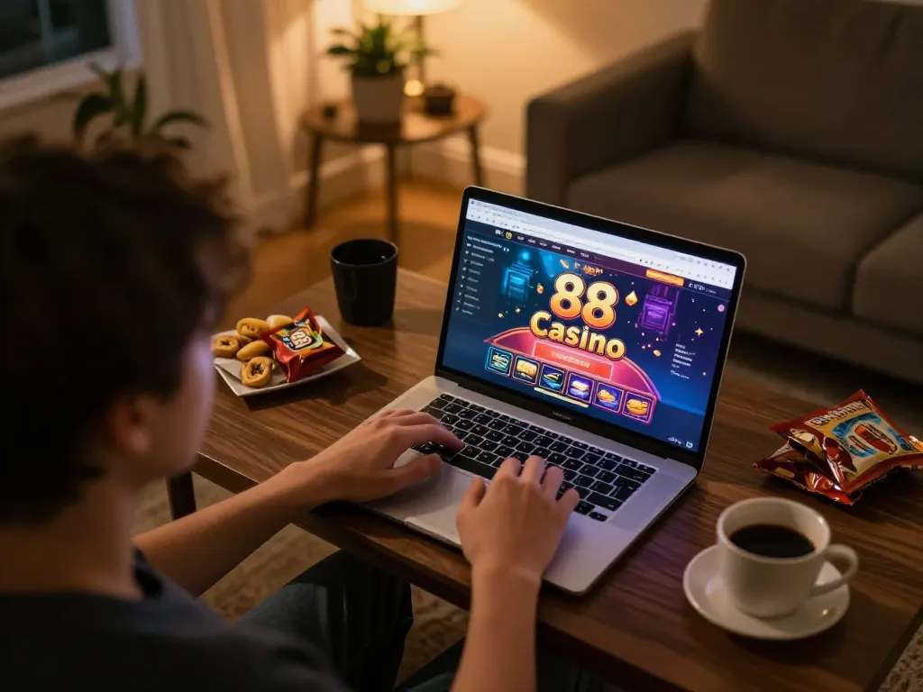 Engaging with open 88 online casino platform in a cozy home environment offers thrilling gaming opportunities.