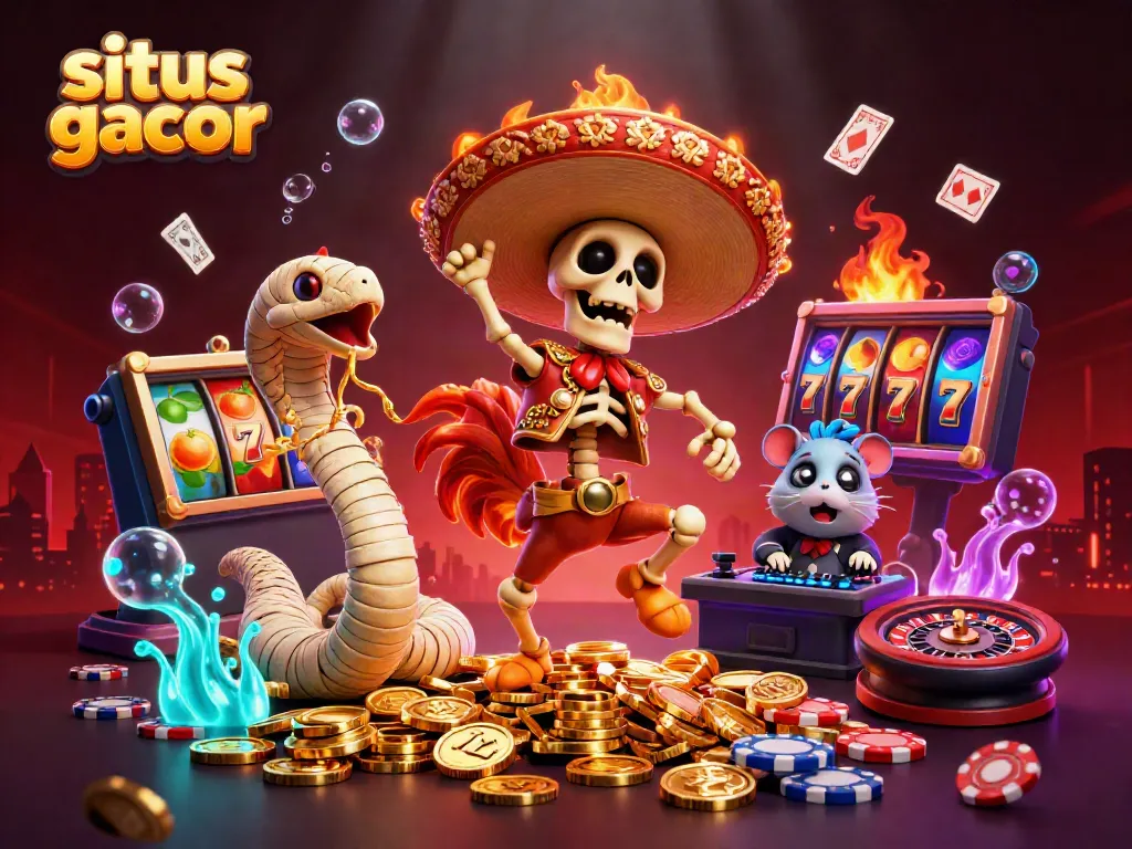 Gambarkan situs gacor dengan skeleton mariachi, ular mumi, dan hamster DJ dalam suasana kasino yang meriah.