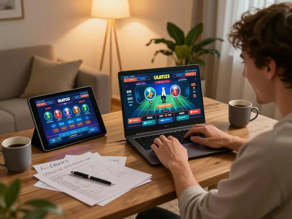 Terlibat dengan permainan kasino APK Ulat123 di laptop dalam suasana rumah yang nyaman, menampilkan catatan strategis dan pengalaman yang imersif.