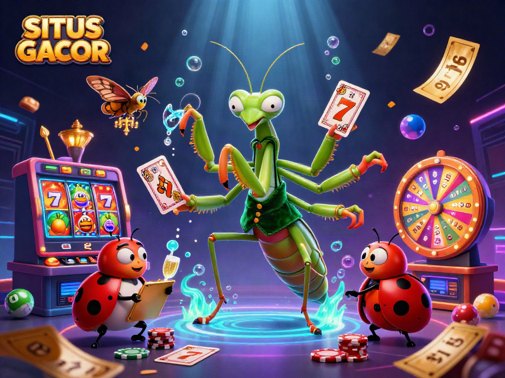 SITUS GACOR showcases a vibrant scene with colorful slot elements and characters engaging in casino activities.