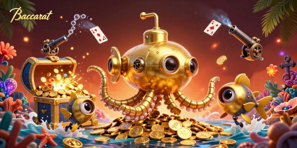Experience Baccarat excitement with a golden kraken submarine amidst treasure and dynamic gambling elements.