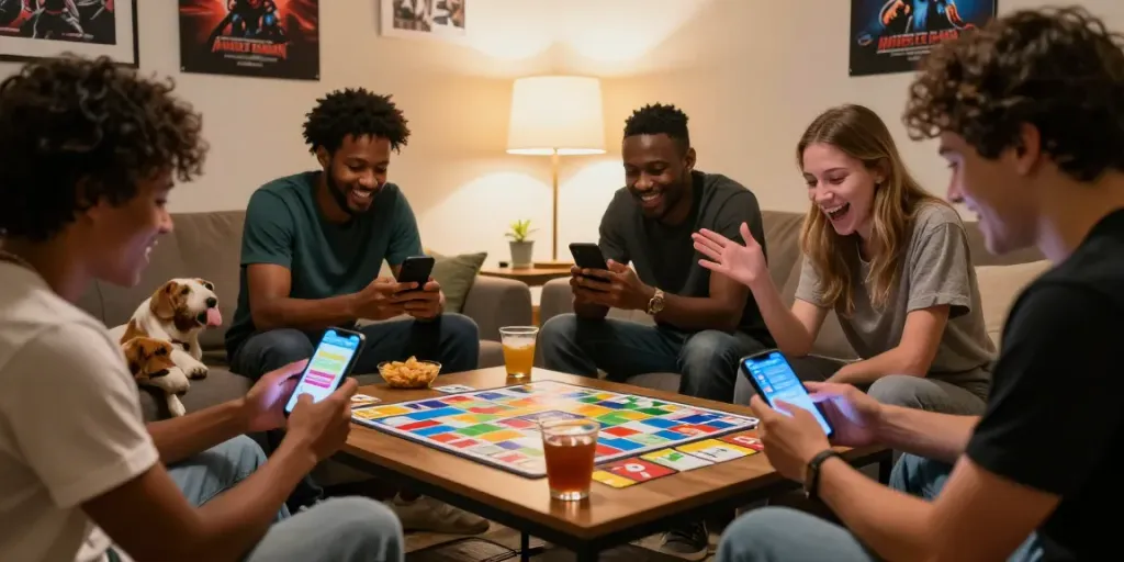 Friends enjoying Rumble Rummy on mobile devices in a cozy living room setting with snacks and drinks.