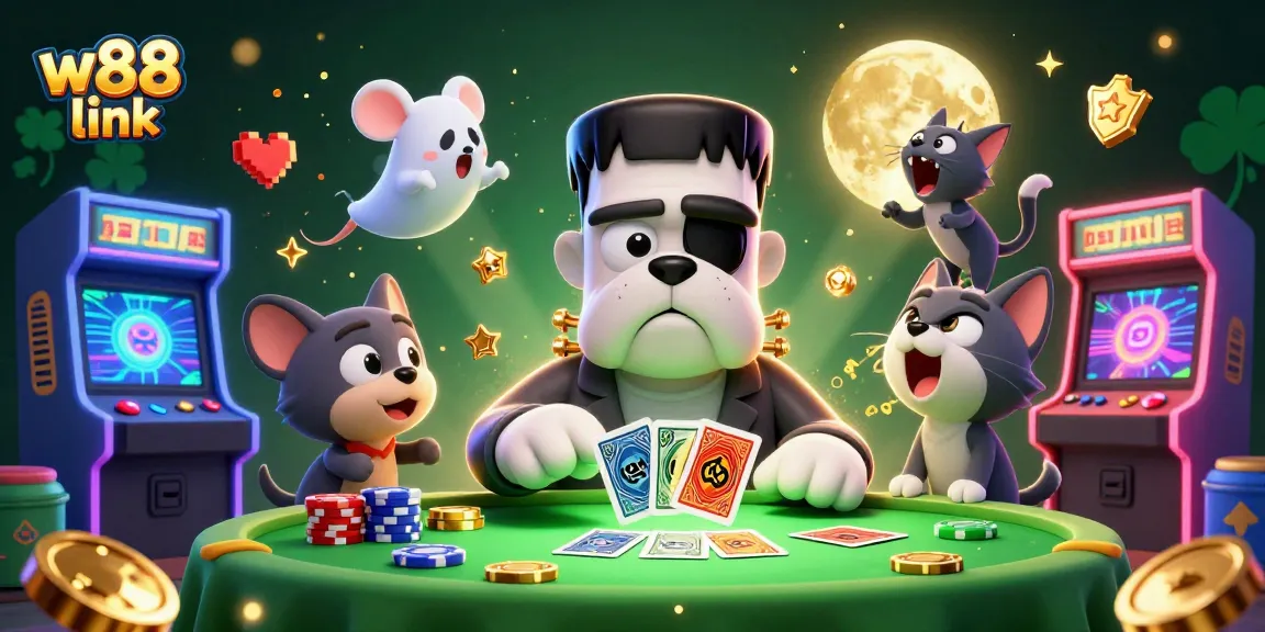 Engaging w88 link scene with cartoon characters interacting in a vibrant casino setting.