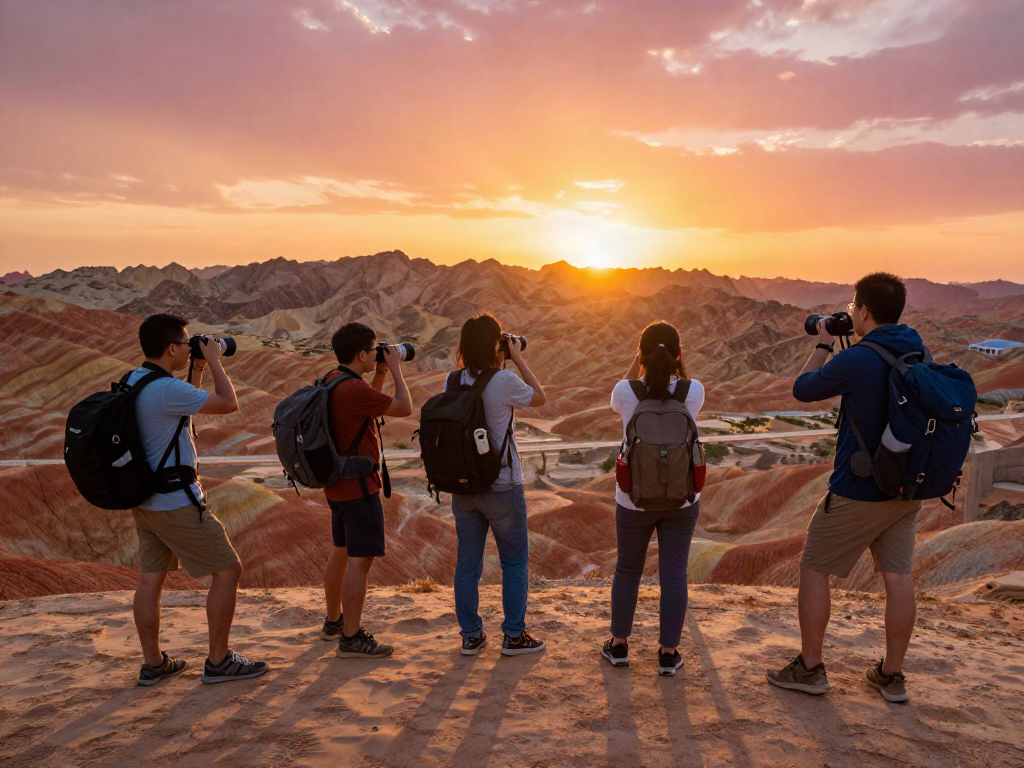 Travelers enjoying a slot in the desert landscape during sunset.