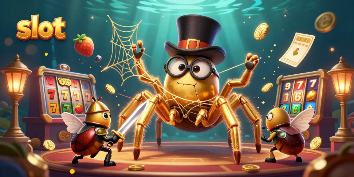 Engage with slot gaming excitement featuring a lucky tarantula weaving golden threads of fortune