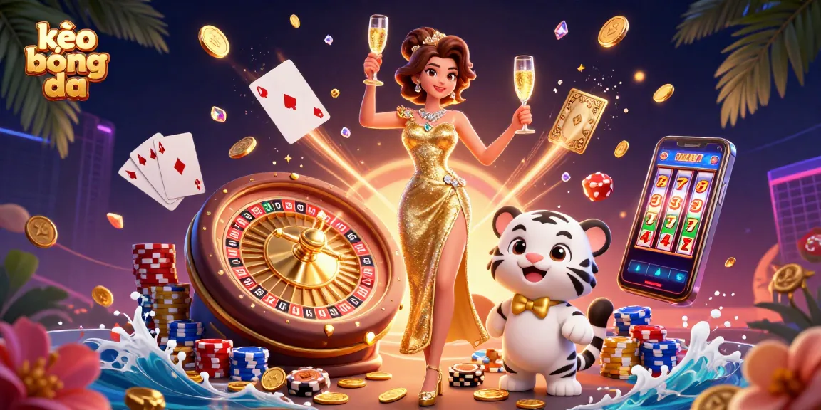 Kèo bóng đá promotes excitement with a glamorous woman, lucky tiger cub, and dynamic casino elements.
