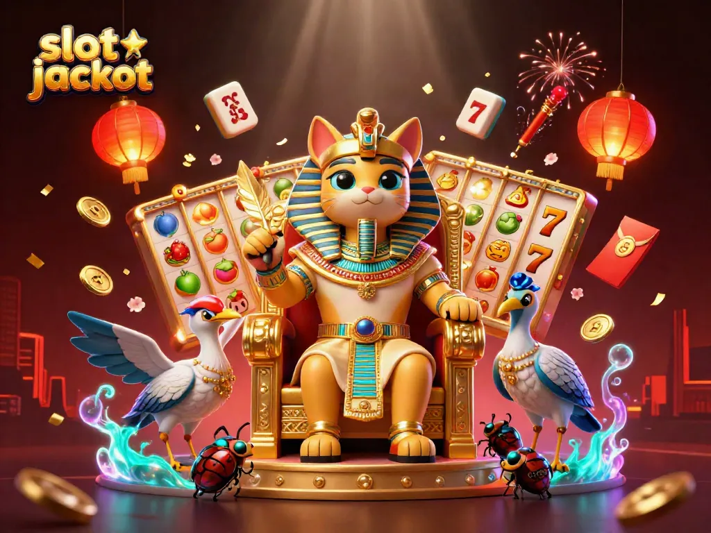 Bermain slot jackpot dengan simbol keberuntungan di lingkungan kasino yang berkilau.